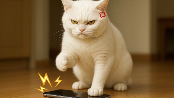 スマホから鳴る音にイラッとした表情を見せ、前足でスマホを叩こうとする白猫。騒音へのストレスが伝わるリアルな表情。