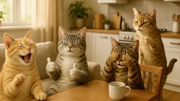 キッチンのテーブルで笑ったり親指を立てたりしながら、人間のように盛り上がっている4匹の猫たち。まるで家族会議のような微笑ましい光景