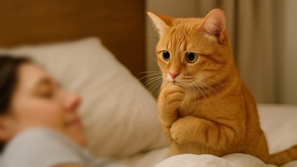 茶トラ猫がベッドの上で前足を口元に当てながら戸惑っている表情