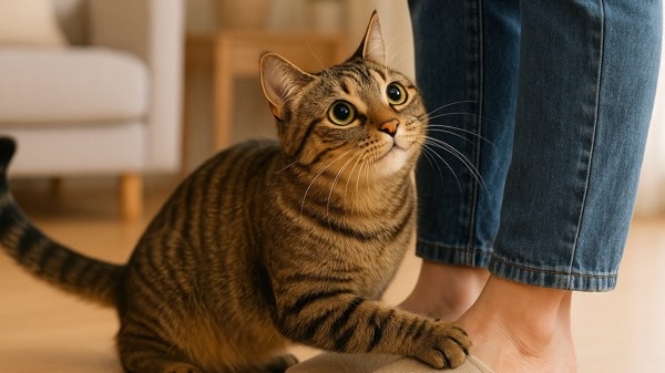 飼い主の足元に前足をそっと添えて、上目づかいで甘えるように見上げているキジトラ猫