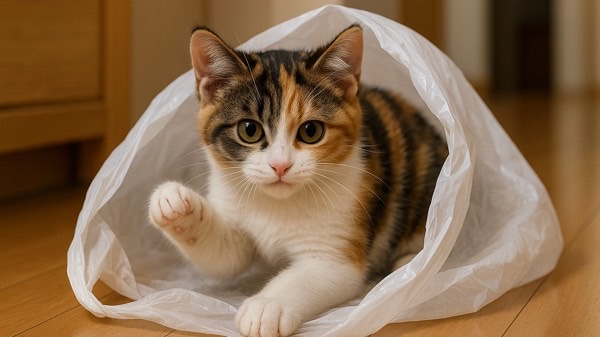 ビニール袋の中から顔を出し、前足を上げてこちらを見る三毛猫。音や動きに集中している好奇心いっぱいの表情。