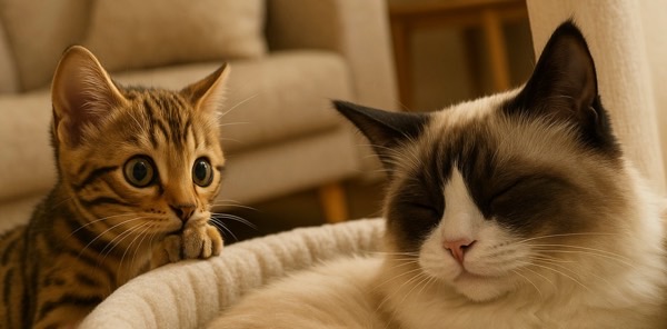 子猫がベッドの中で眠る猫に興味津々で近づいている可愛らしいシーン