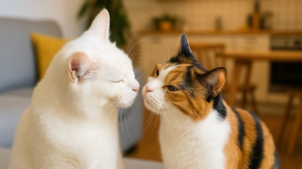 白猫と三毛猫が鼻先をそっと近づけて挨拶している様子