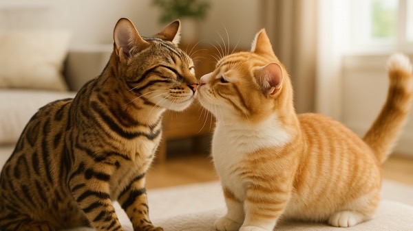 キジトラ猫と茶トラ猫が仲良く鼻チューしている瞬間