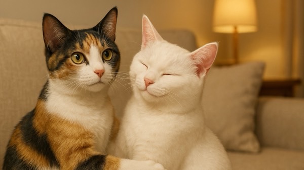 三毛猫が白猫の肩に前足を添えて、挨拶のハグをするように寄り添っている穏やかな様子