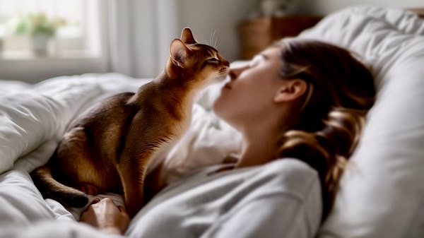 ベッドの上で眠る女性に、そっと鼻チューしようとしている猫の優しい姿