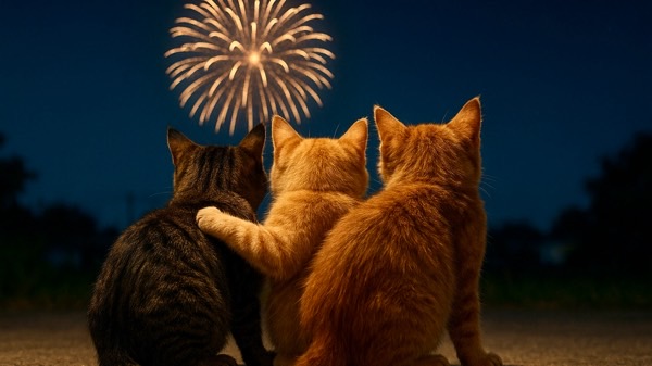 夜空に上がる花火を3匹の子猫が並んで見上げている後ろ姿。花火の大きな音に警戒しながら寄り添っている。