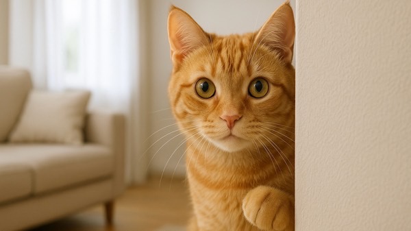 物陰から顔を半分だけ出してこちらをじっと見つめる茶トラ猫の姿