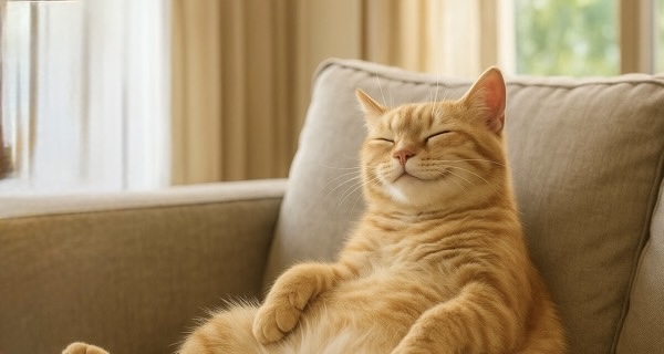 ソファにもたれて満足そうに目を閉じてくつろぐ茶トラ猫。まるで休日のお父さんのような、幸せそうな姿