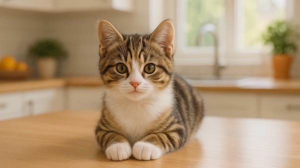 明るいキッチンのカウンターの上で、生活音を聞きながら、前足を揃えて可愛らしく座る子猫。