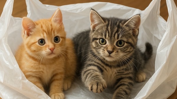 ビニール袋の中に並んで座る2匹の子猫。周囲の気配を伺いながら、まん丸の目でこちらを見る愛らしい姿。