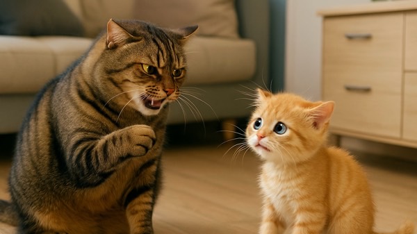 大人の猫が、怯えた表情の子猫に向かって叱るように声をあげている瞬間