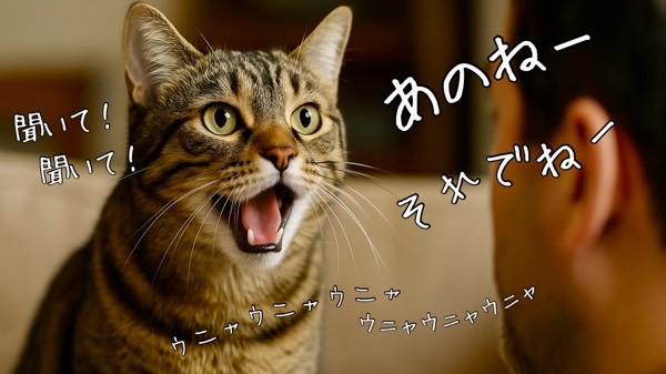 飼い主に向かって口を大きく開け、楽しそうに話しかけるキジトラ猫。まるで会話に参加しているようなコミカルな雰囲気