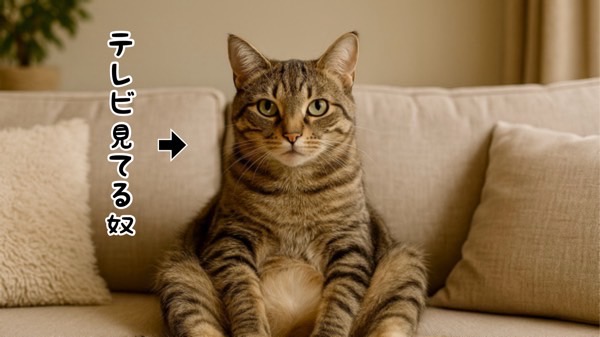 ソファで足を投げ出して座り、真剣な目でテレビを見ているキジトラ猫。まるで人間の姿そのもののような面白い瞬間