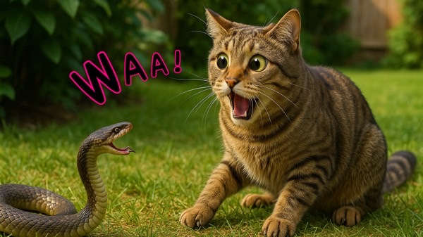 庭でヘビと鉢合わせして、目を丸くして驚く猫。緊張と恐怖で全身を硬直させているリアルな表情。
