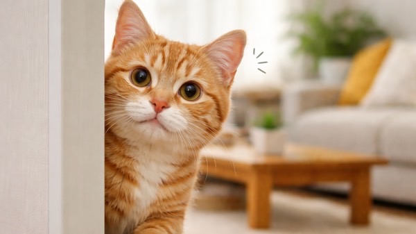 部屋の物陰から顔をのぞかせる猫。人の様子をうかがうような仕草がかわいらしい。