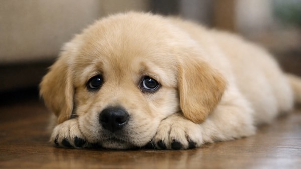 床に伏せてこちらを見つめる、少し不安そうな表情の子犬。大きな瞳が印象的な癒しの一枚。