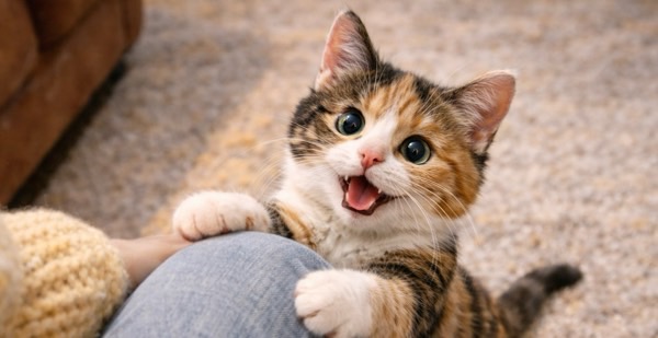 飼い主の膝にしがみつき、甘えた表情で見上げる子猫の様子