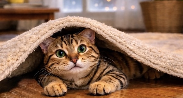 カーペットの下に潜り込み、前足を揃えてこちらを見つめるキジトラ猫の可愛い表情