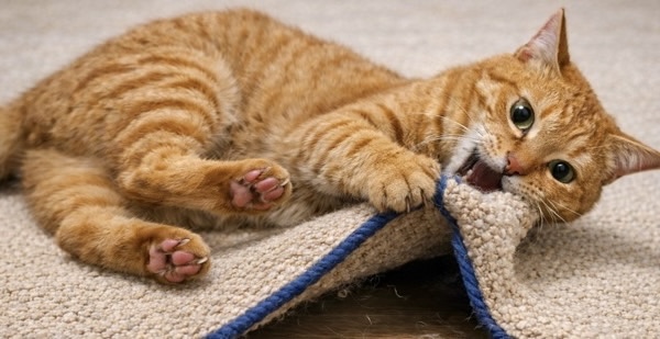 カーペットの端を噛んで引っ張りながら遊ぶ茶トラ猫のやんちゃな姿