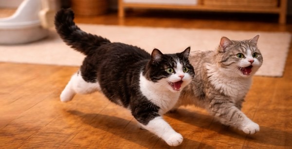 匹の猫がトイレ後に並んで全力疾走する様子。多頭飼いでよく見られるうんちダッシュ