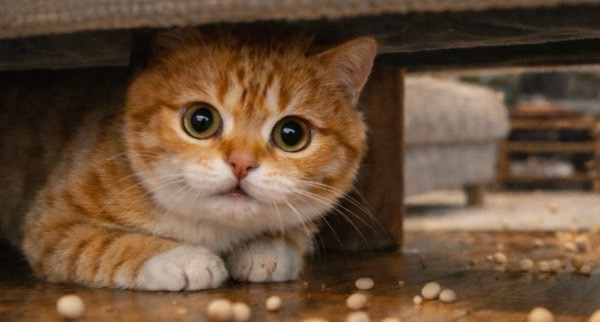 節分の豆まきの音と鬼の面に驚き、家具の下から不安そうに様子をうかがう猫の表情