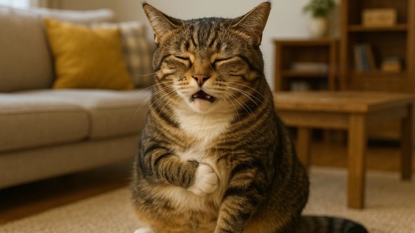 換毛期の毛玉が気になり少し元気のない様子を見せるキジ猫