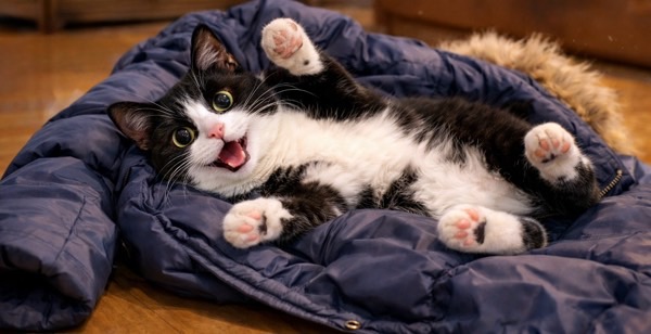 脱ぎ捨てられたダウンコートの上で仰向けになり、無邪気に遊ぶハチワレ猫