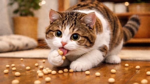 床に散らばった節分の豆に興味津々で近づき、誤飲が心配な場面の猫の様子