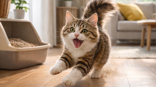 猫がトイレ後に体を伸ばしながらテンション高く走り出す「うんちダッシュ」の瞬間