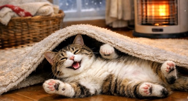 カーペットの下の冷たい床の上で仰向けになり、お腹を見せてリラックスしている猫の寝姿