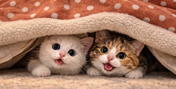 こたつ布団の中から顔を出し、並んでこちらを見ている2匹の子猫の可愛い瞬間
