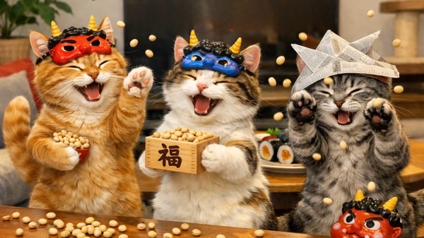 節分の鬼のお面をかぶった猫たちが、豆まきの豆に囲まれて楽しそうに騒いでいる様子