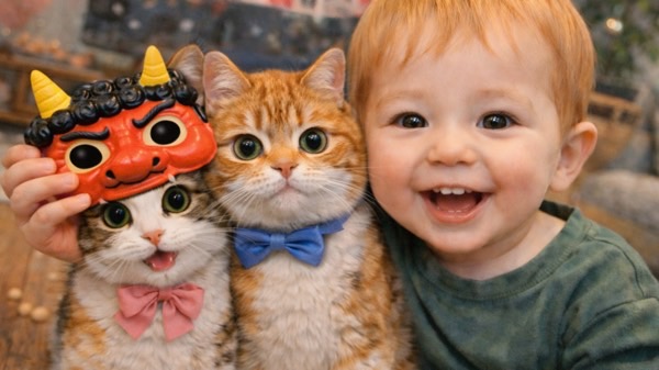 小さな子どもと一緒に節分を楽しむ家庭で、鬼のお面の横に並ぶ猫たちの様子