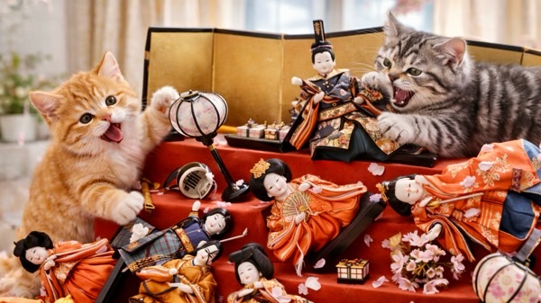 雛壇の上でいたずらをする子猫たちと春の行事の風景