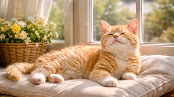 春の日差しが差し込む窓辺でくつろぐ茶トラ猫