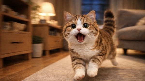 夜の室内でトイレ後に勢いよく走り出す猫の表情。うんち後ハイテンションな猫の行動