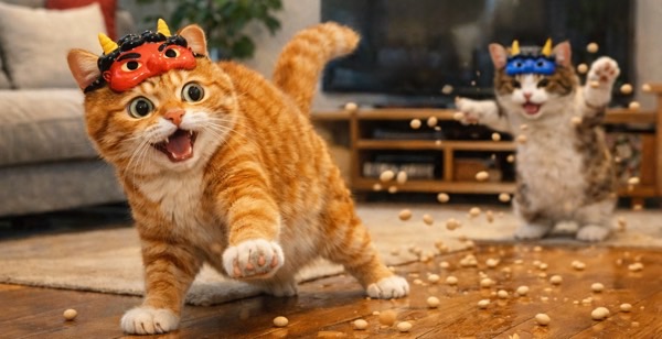 節分の豆まきで転がる豆に驚きながら、前足を伸ばして逃げようとする猫の様子