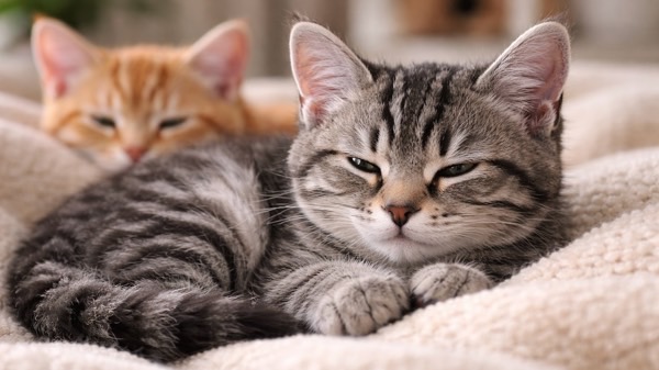 ふわふわのブランケットの上で並んでくつろぎながら眠る二匹の子猫