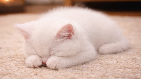 前足を顔の前にそろえ、静かにうとうと眠る白い子猫のごめん寝の様子