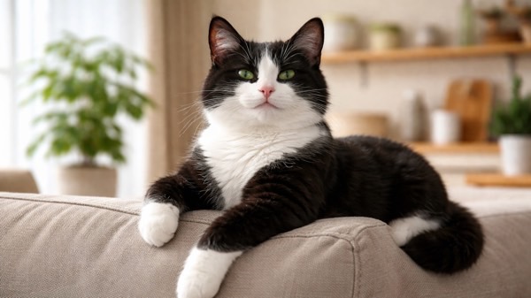ソファの背もたれに乗り、落ち着いた表情でくつろぐ白黒猫