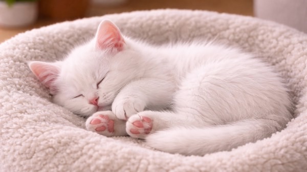 ふわふわの丸いベッドの中で体を小さく丸めて眠る白い子猫