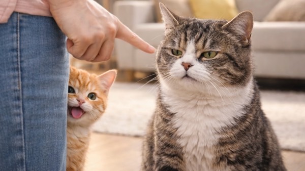 指をさされて叱られているような表情のキジ猫と、飼い主の後ろで様子をうかがう子猫