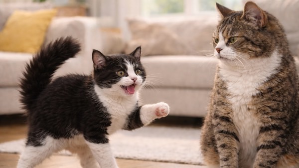 元気いっぱいに前足を上げてアピールする子猫と、冷静に見つめる成猫