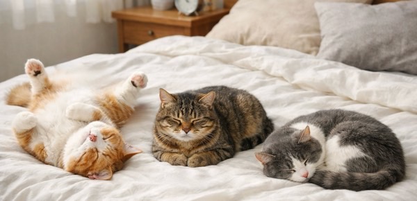 ベッドの上でそれぞれ違う寝相を見せる3匹の猫（丸まり寝・香箱座り・へそ天・）