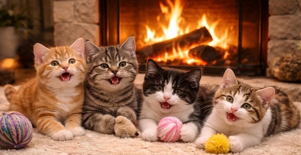 暖かい暖炉の前で並び、遊び疲れて満足そうな表情を見せる4匹の子猫たちのにぎやかな一場面