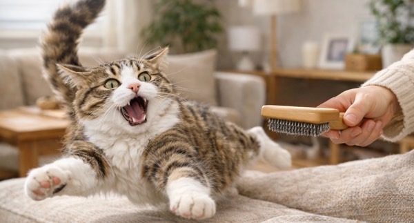 苦手なブラシを急に向けられて、驚いた表情を見せるキジ白猫