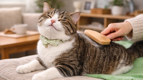 背中をブラッシングされてうっとりするキジ白猫の換毛期ケア