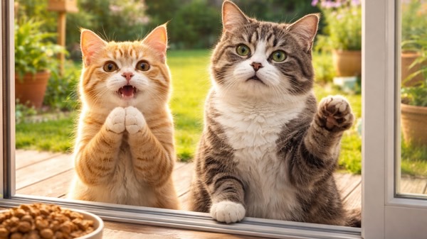 窓越しに家の中を見つめ、ご飯をおねだりする野良のキジ猫と茶トラ猫の様子