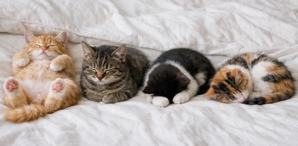 ベッドの上でそれぞれ違う寝相を見せながら、横一列に並んで眠る子猫たちの個性あふれる寝姿